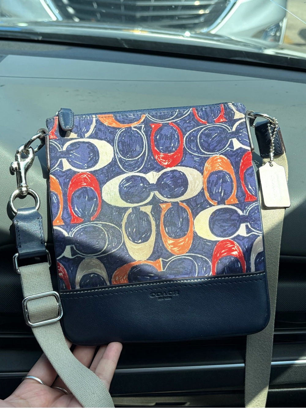 Coach signature canvas crossbody purse bag vintage c print blue navy red strap